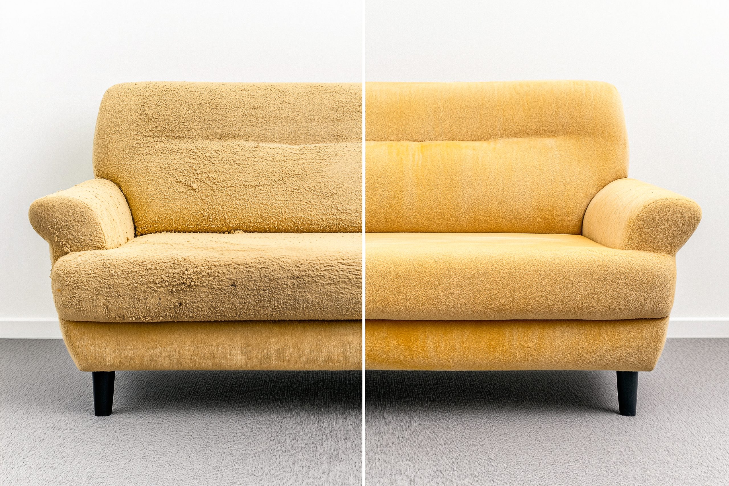 A before-and-after image shows a yellow fabric sofa. The left side depicts the sofa heavily soiled with dust and dirt, while the right side shows the same sofa after cleaning, revealing a clean, smooth fabric.  The sofa sits on a light gray carpet against a white wall.