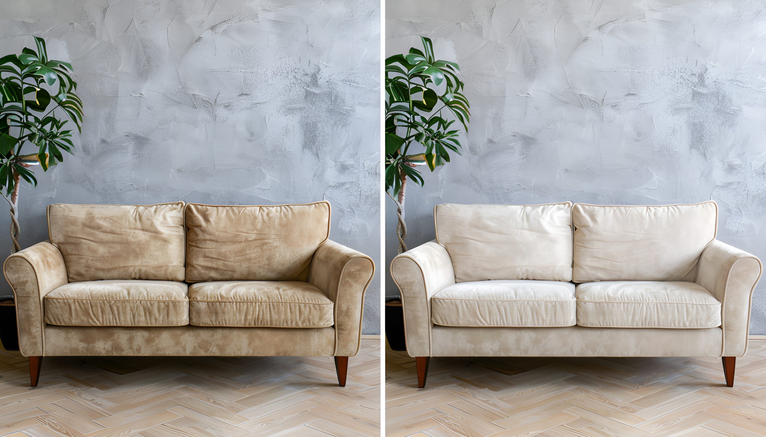 Sofa before and after dry-cleaning near grey wall indoors, collage